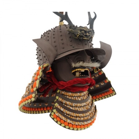 a Japanese helmet with horns, mask type face cover and neck protector.