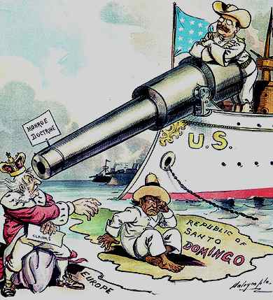 Political cartoon depicting Theodore Roosevelt using the Monroe Doctrine to keep European powers out of the Dominican Republic.