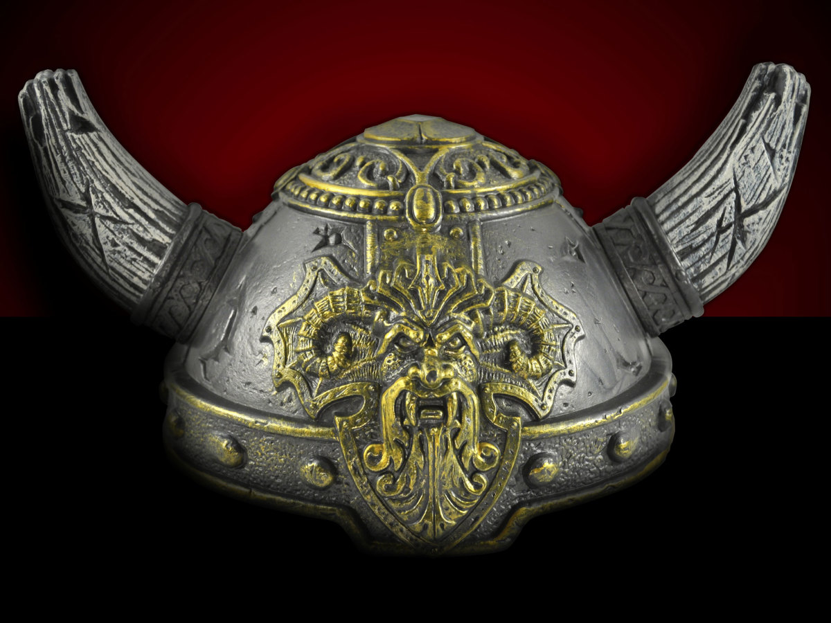 a metallic horned helmet